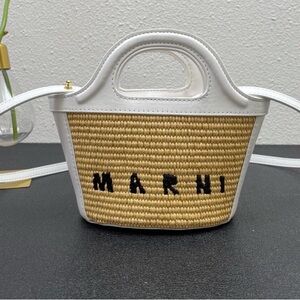 Marni Tan and White Mini Woven Bag